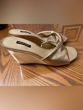 Nine West Metallic Gold Knot Wedge Mules
